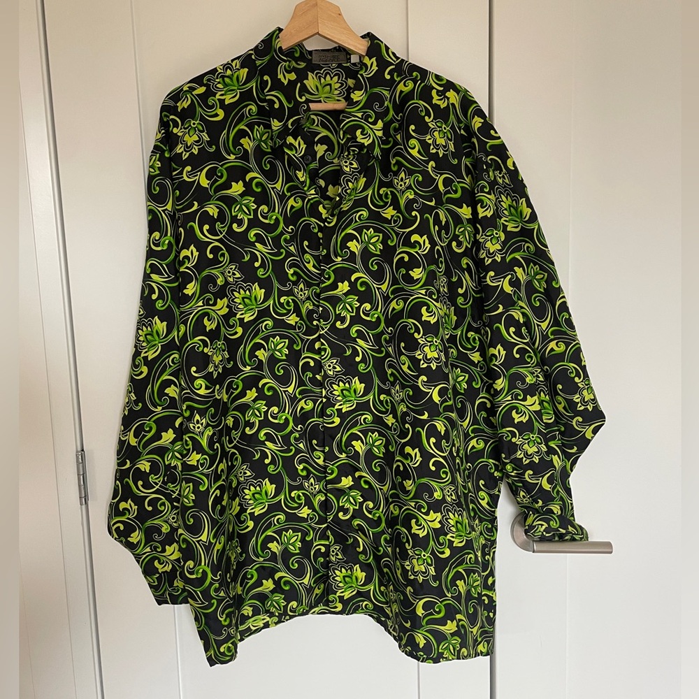 Vintage Versace Classic V2  Black Blouse with Neon Green Baroque Print